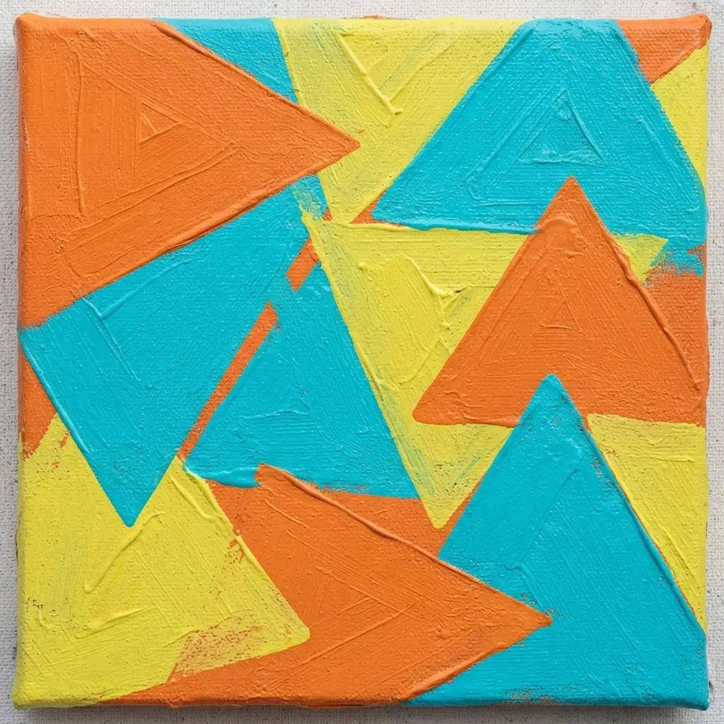 Abstract geometric art featuring overlapping triangles in different bright colors painted on canvas.