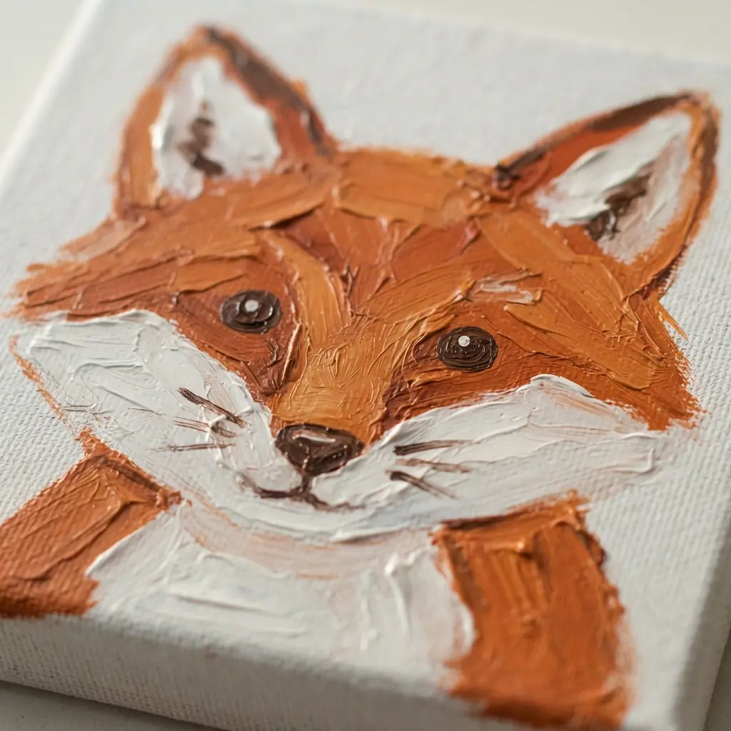 A close-up painting of an orange fox face with white cheeks, black nose, and alert triangular ears.