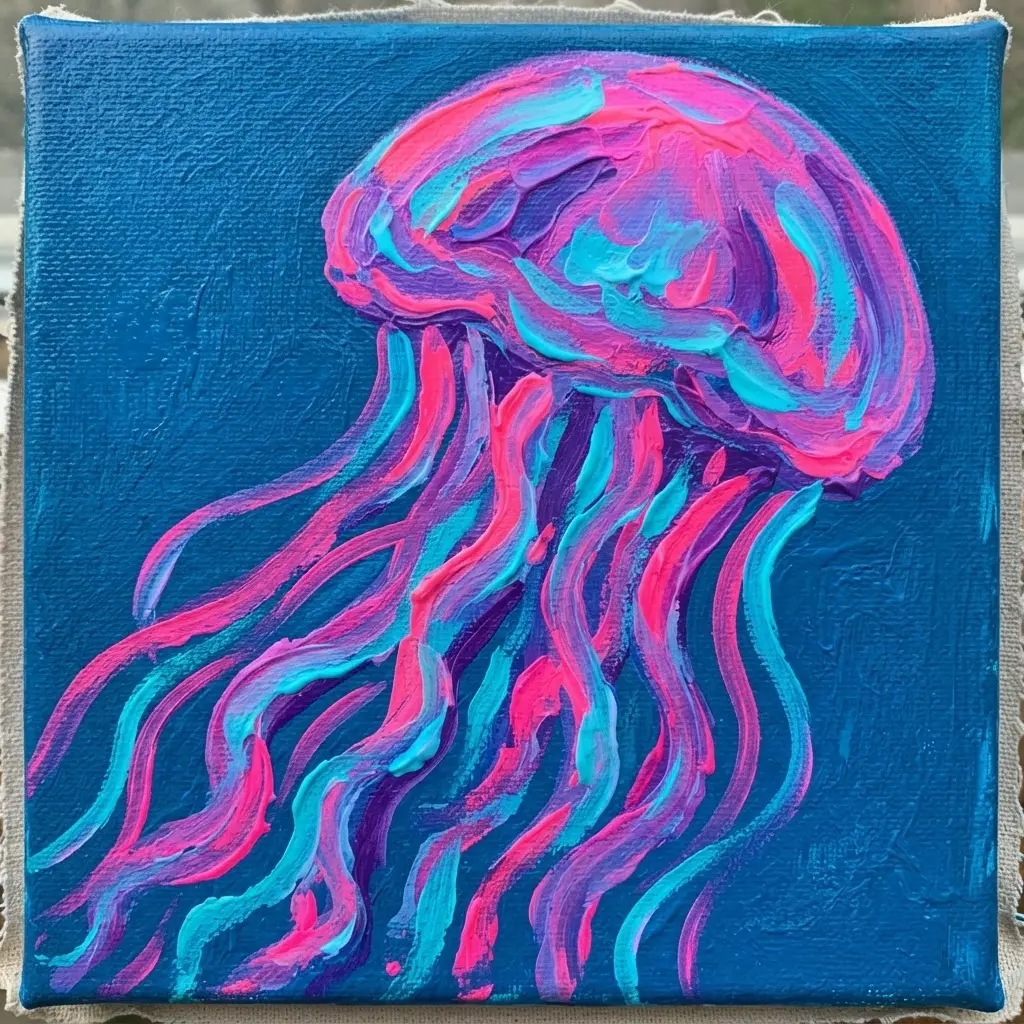 A jellyfish with a rounded bell and long, wavy tentacles in multiple colors on a dark background.