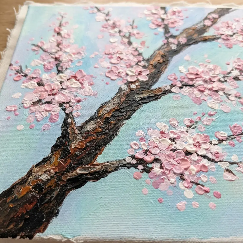 A simple tree branch on canvas with clusters of pink dots representing cherry blossoms against a light sky.