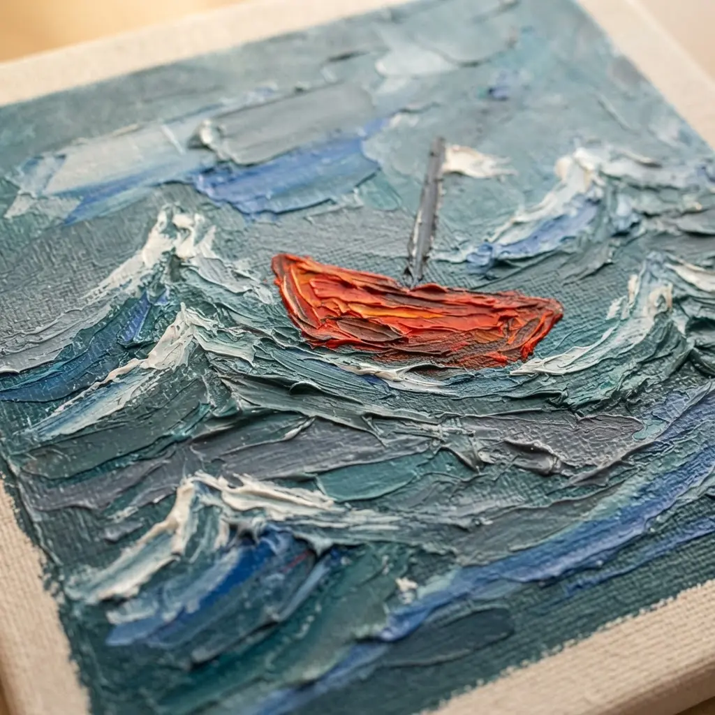 A simple red boat bouncing on tall, white-capped blue waves under a gray sky.