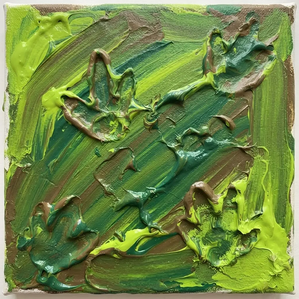 A textured canvas showing green dinosaur footprints made by pressing a toy into wet paint.