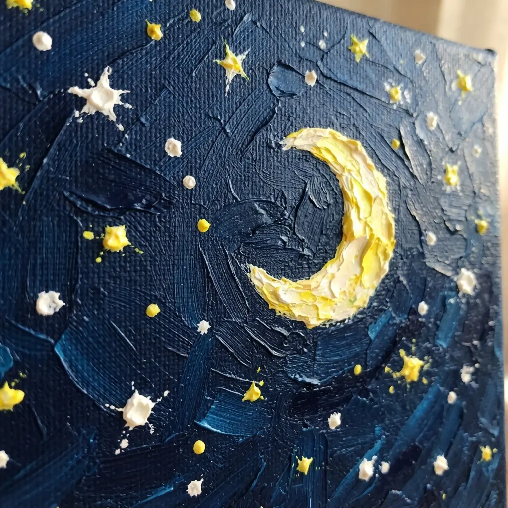 A deep blue and black night sky on canvas with white and yellow star dots and a glowing moon.