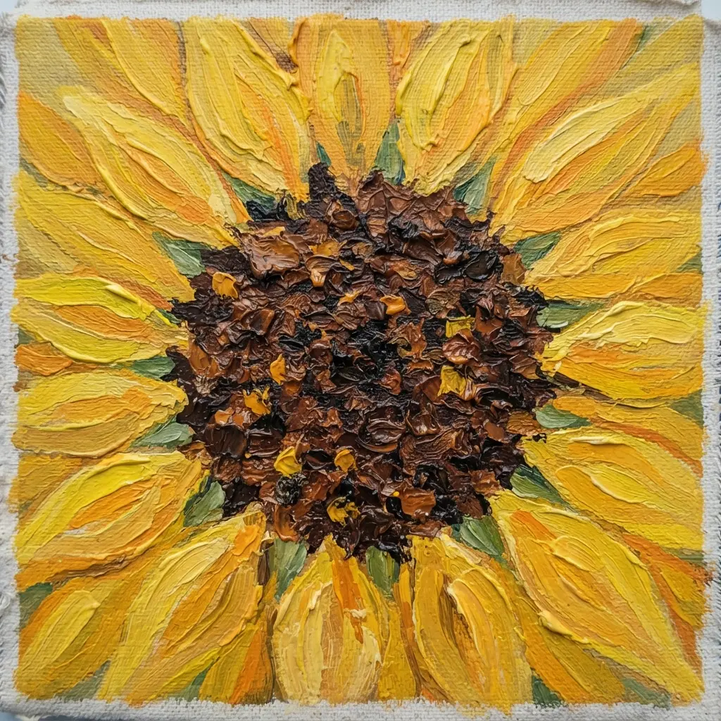 A close-up acrylic painting of a sunflower with bright yellow petals and a brown center.
