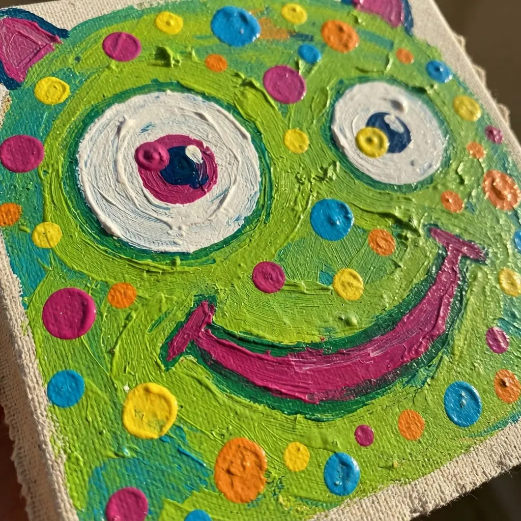 Canvas art featuring a simple monster face decorated with bright, uneven polka dots, an easy acrylic painting idea.