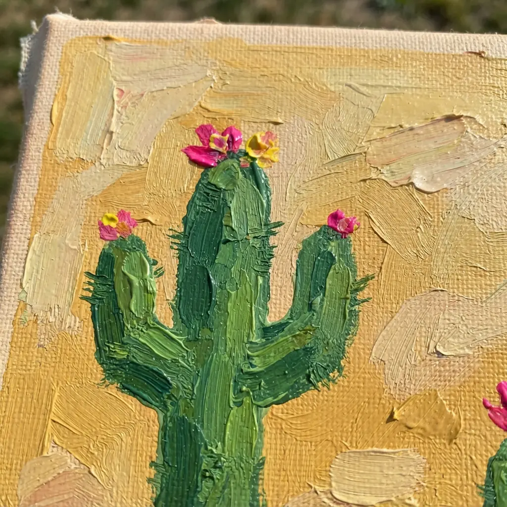 A simple desert scene with a green cactus, pink flowers, and a yellow sand background on canvas.