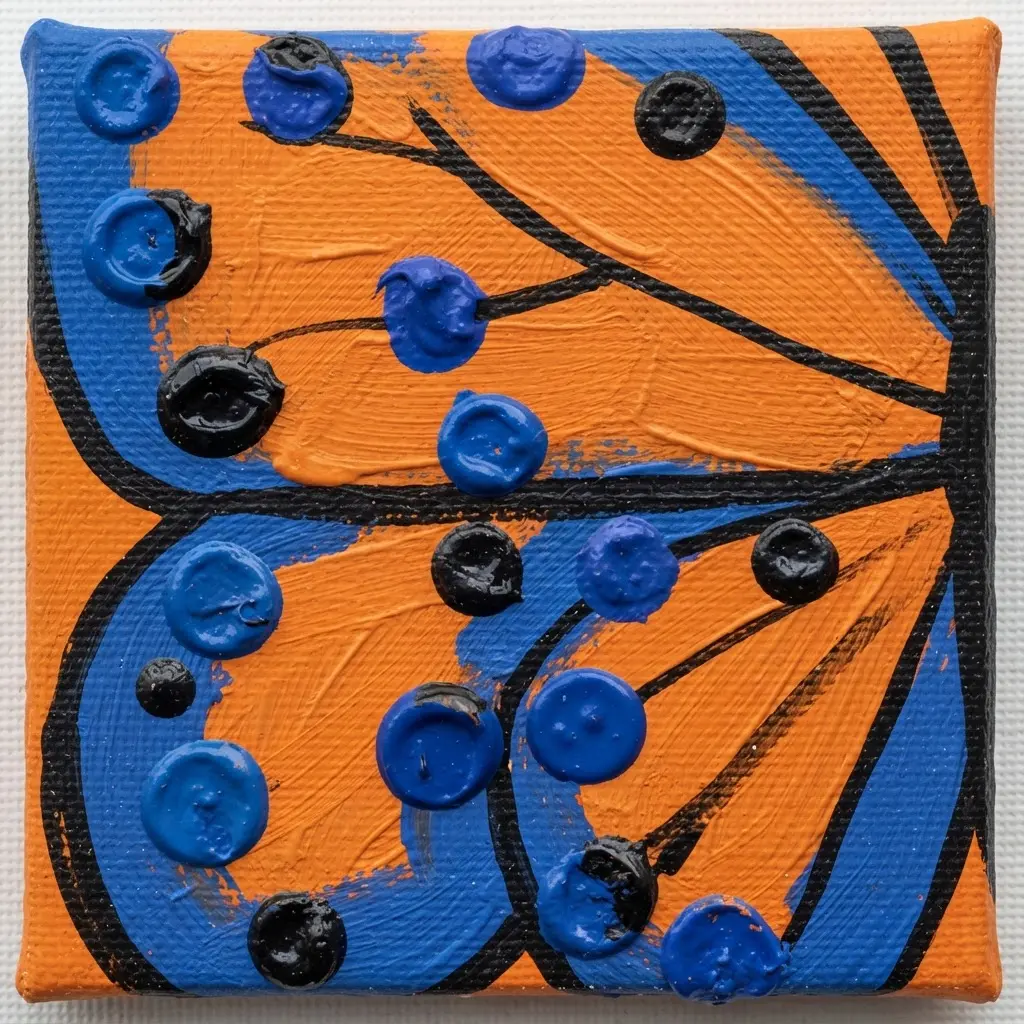 A symmetrical butterfly painting with large, colorful wings covered in simple polka dot patterns.