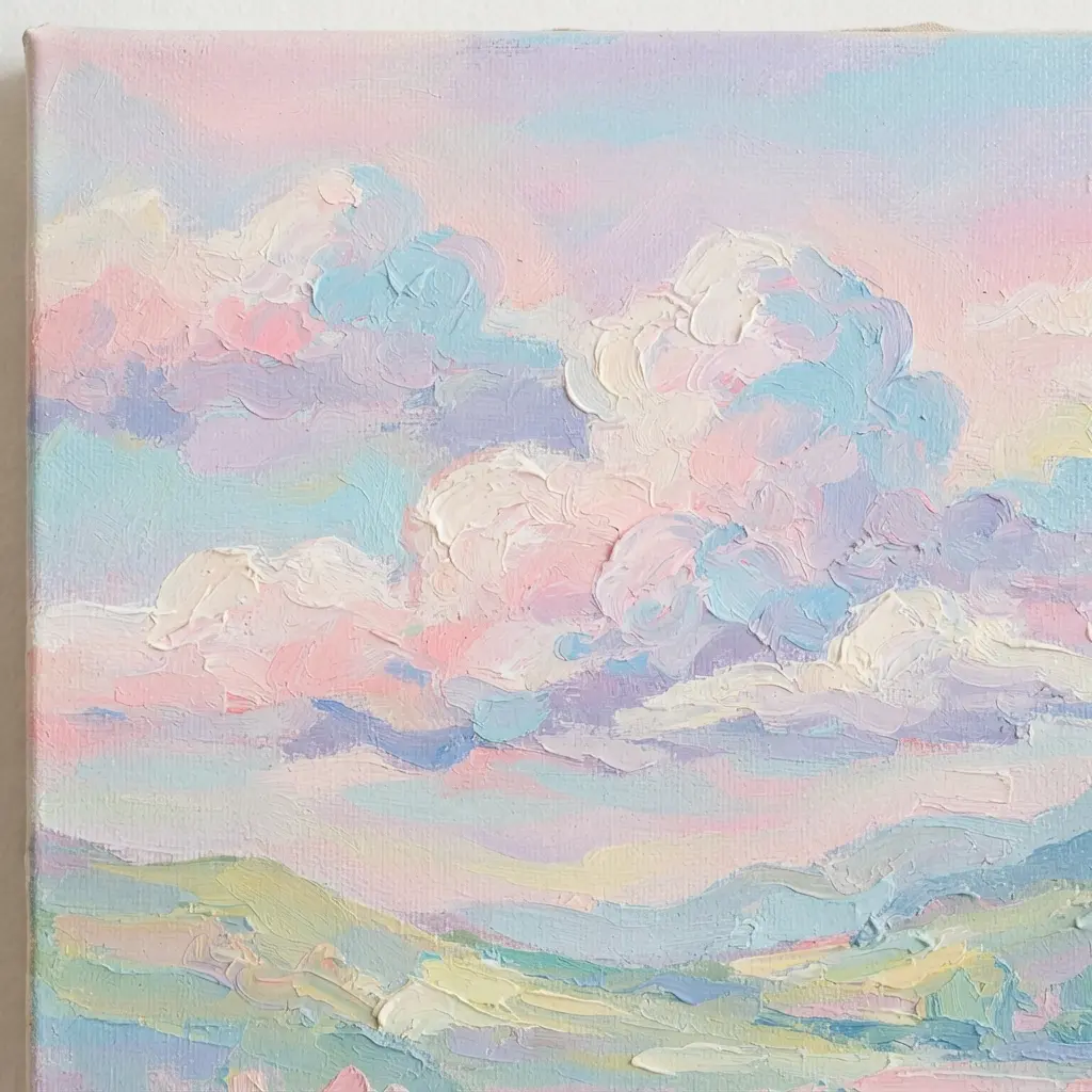 A dreamy landscape on canvas with fluffy clouds in pink, blue, and purple pastel colors.