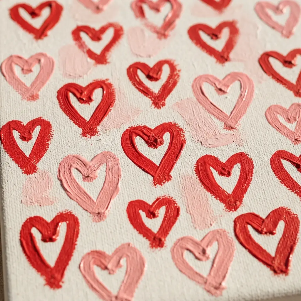 A simple canvas painting featuring a repeating pattern of red hearts on a white or light background.