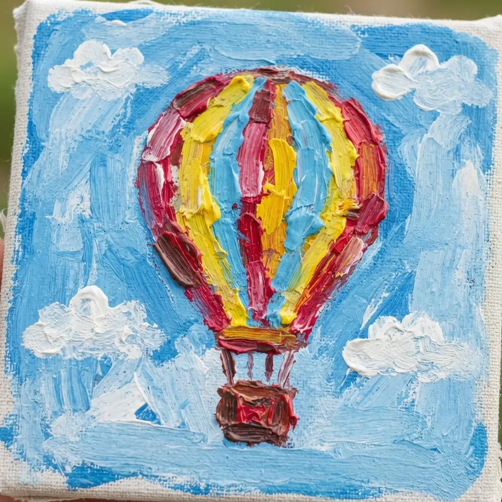 A hot air balloon with vertical stripes in different colors floating in a blue sky with simple clouds.