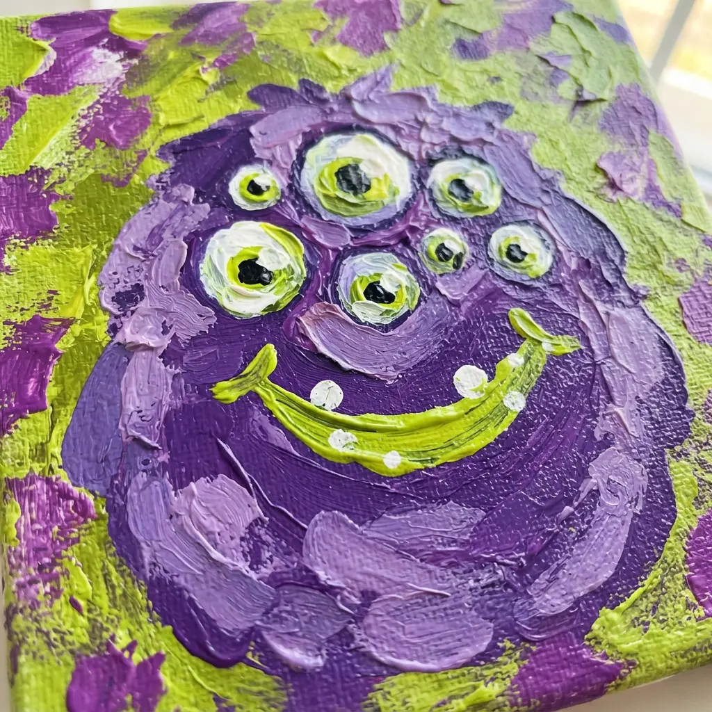 A friendly, round purple monster painted on canvas with multiple googly eyes and a big smile.