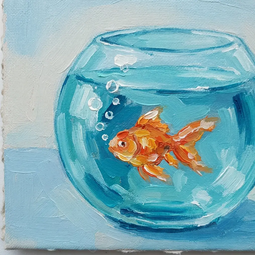 A simple painting of an orange goldfish swimming inside a round glass bowl with blue water and white bubbles.