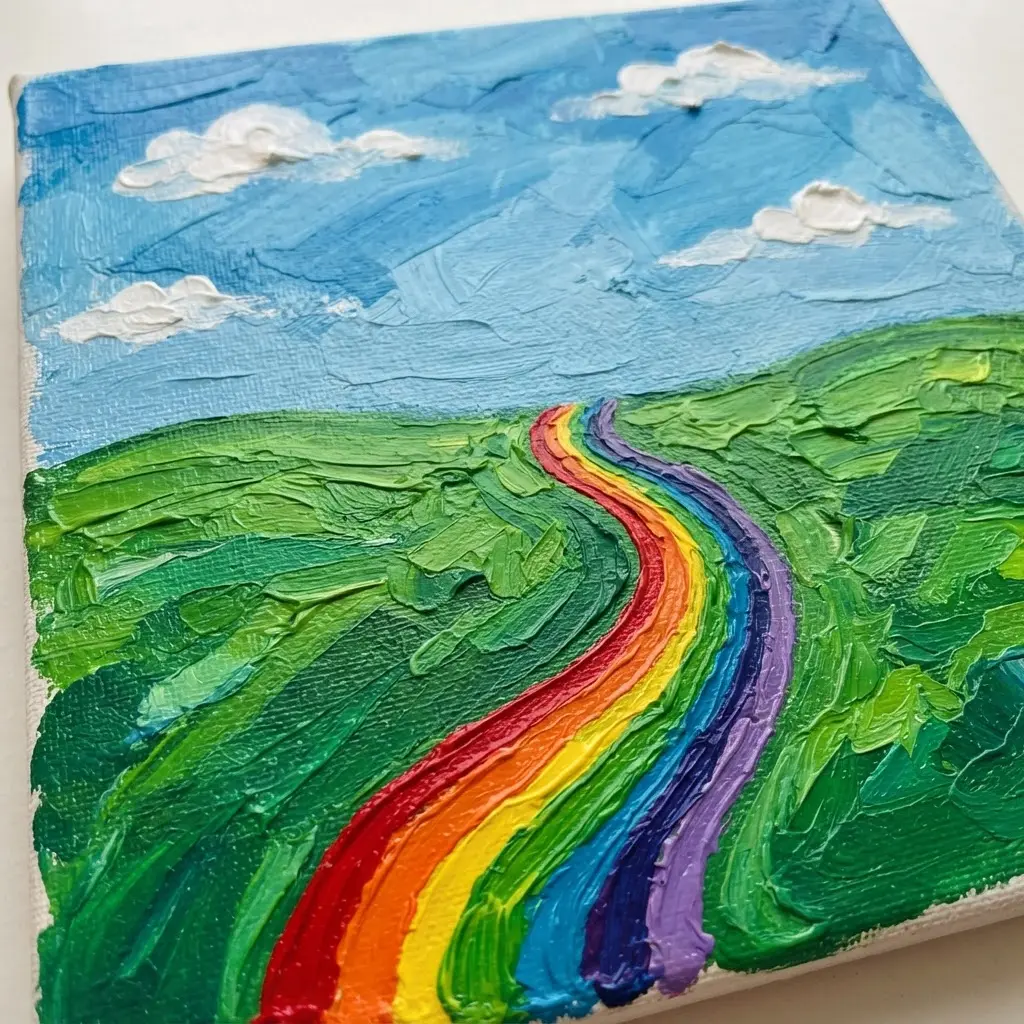 A landscape with a green field and a winding path painted in the colors of the rainbow.