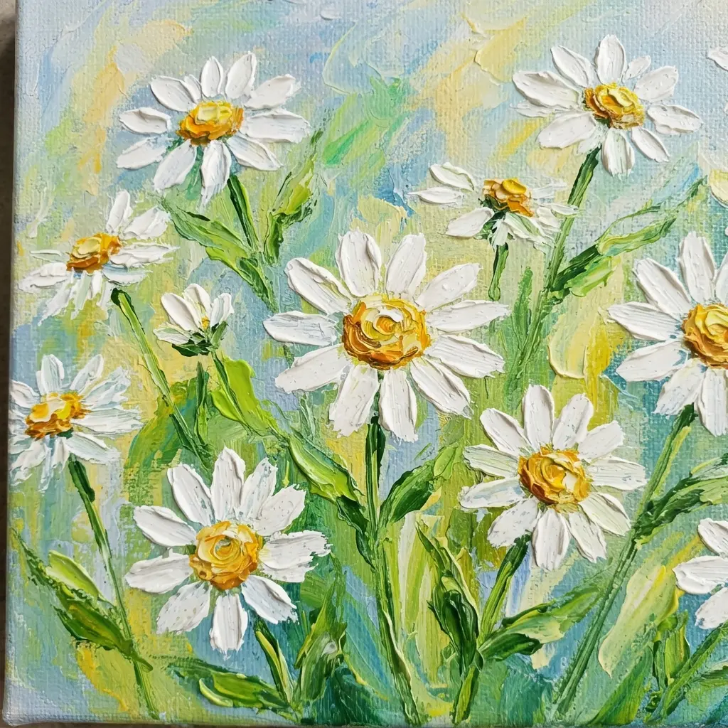 A patch of white daisy flowers with yellow centers painted on a canvas with green stems and leaves.