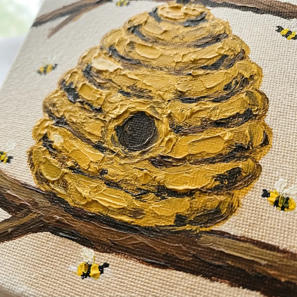 A textured beehive on a tree branch with several small yellow and black bees flying around it.