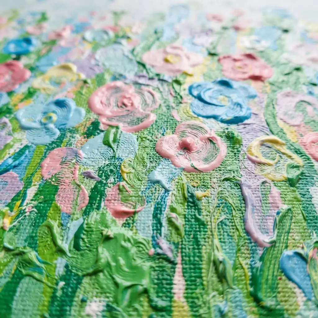A meadow scene on canvas created using finger painting techniques to form simple, colorful spring flowers.