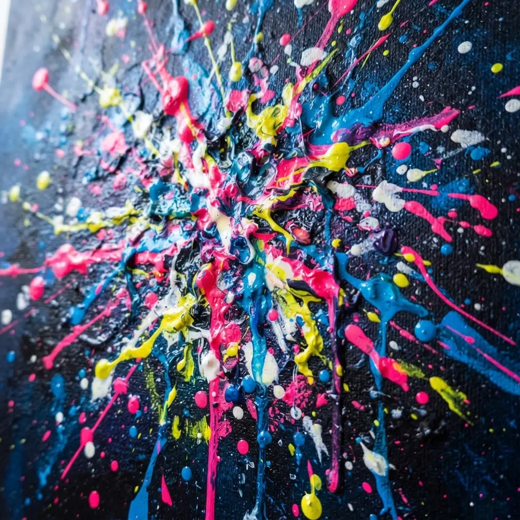 Abstract acrylic painting created by splattering and flicking paint to resemble an exploding firework against a dark sky.