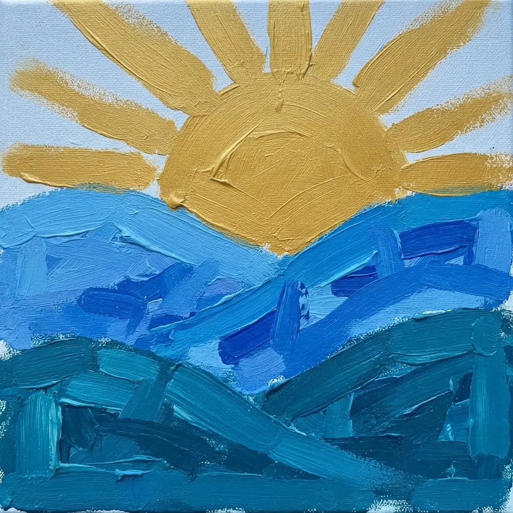 A child's landscape painting showing rolling blue hills under a large, golden sun with radiating lines.