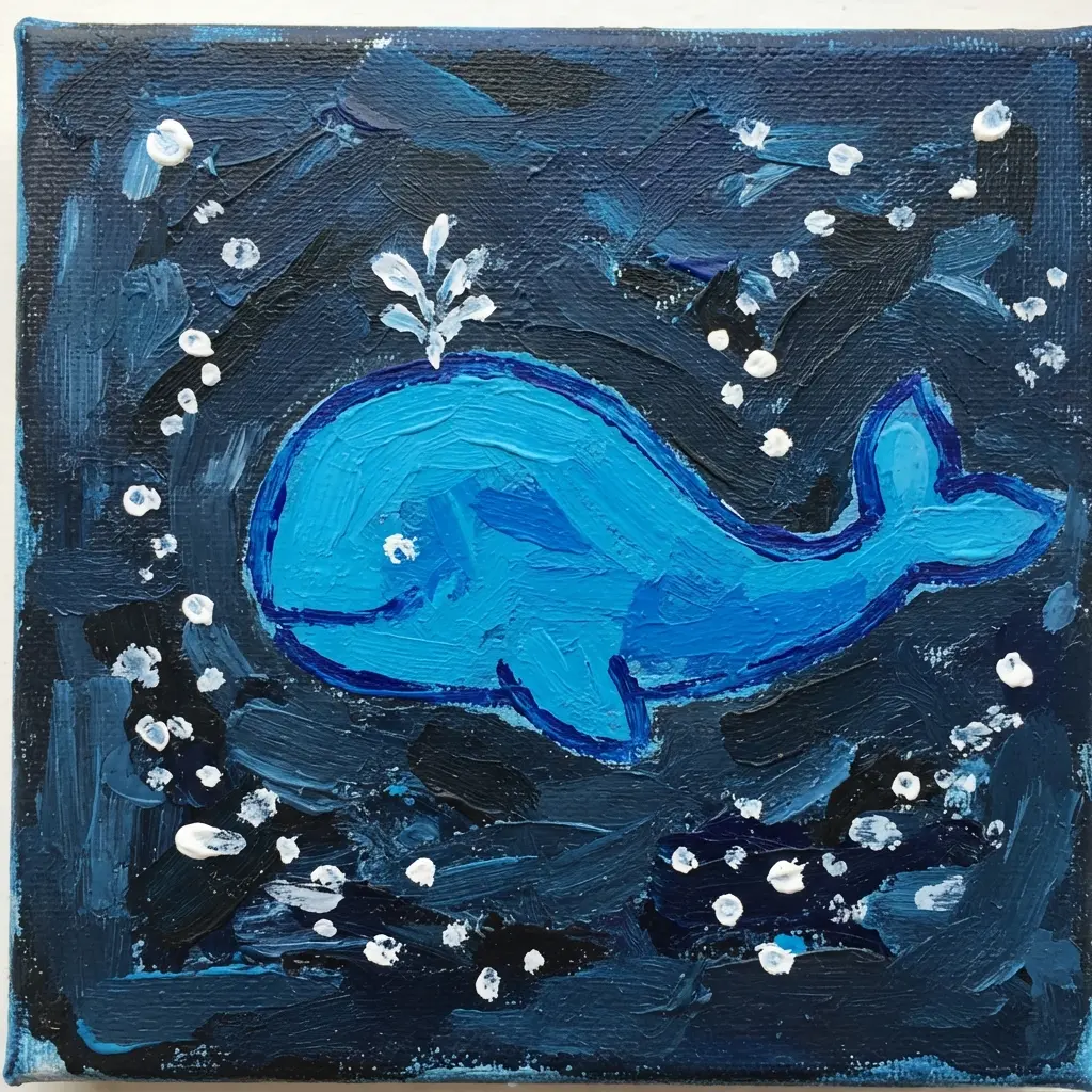 An acrylic painting on canvas of a simple blue whale shape swimming in a dark blue ocean with white bubble details.