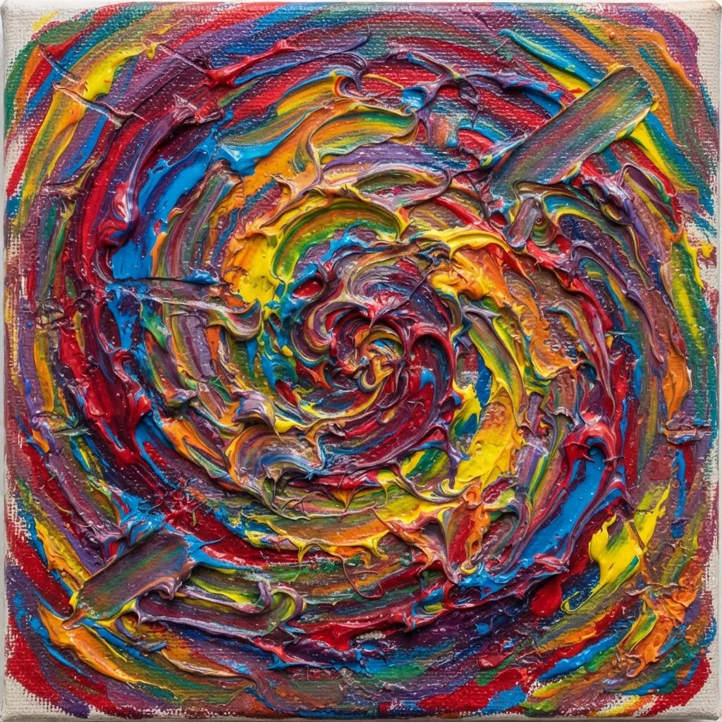 Abstract canvas art with swirling lines of rainbow colors blending together in a galactic style.