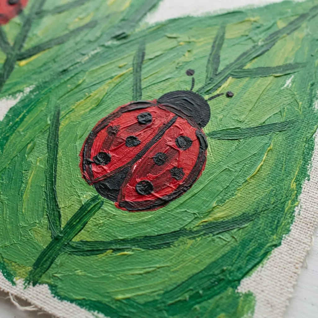 A simple painting of a red ladybug with black spots sitting on a broad, green leaf.