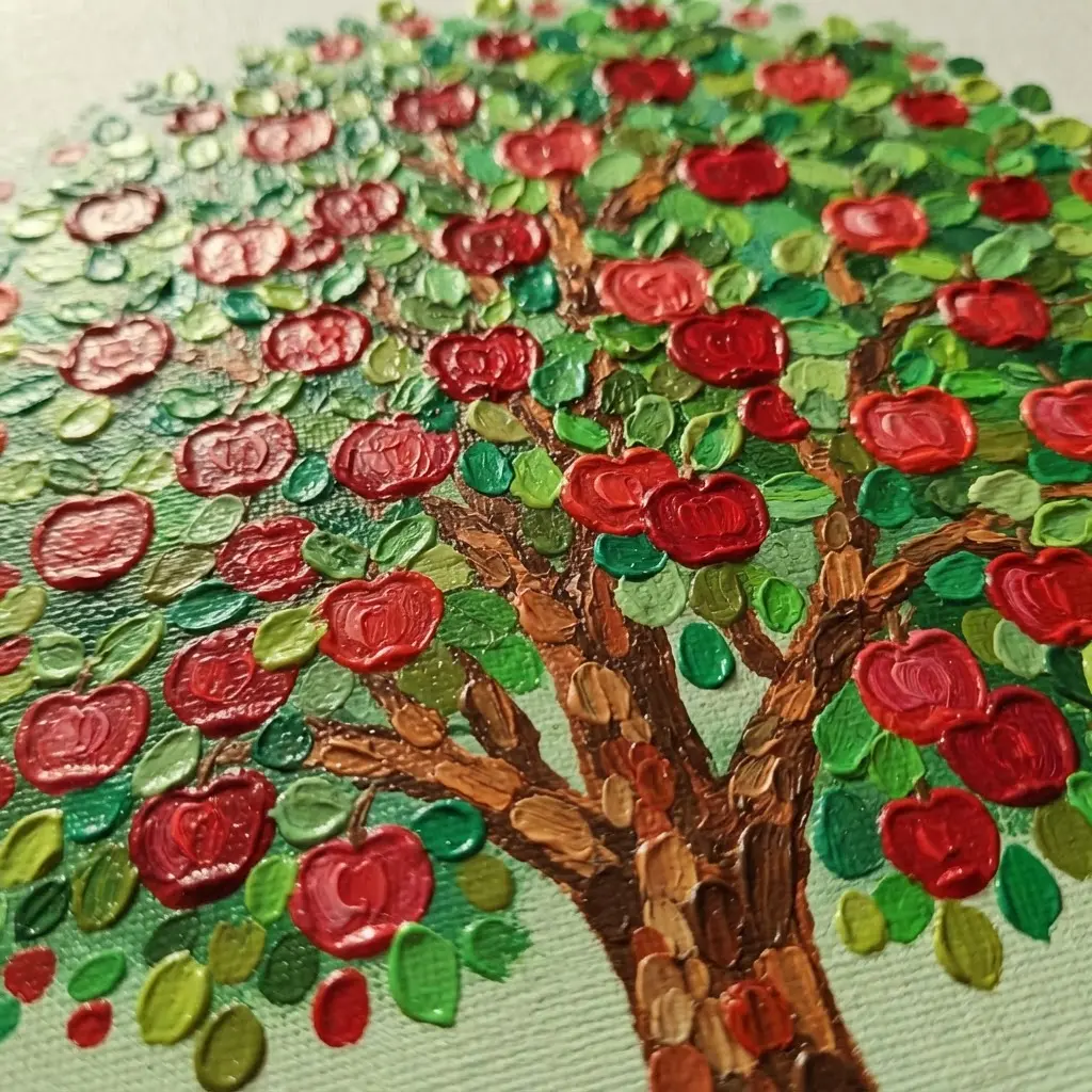 An apple tree on canvas created using the pointillism technique with cotton swabs to form red apples and a green canopy.