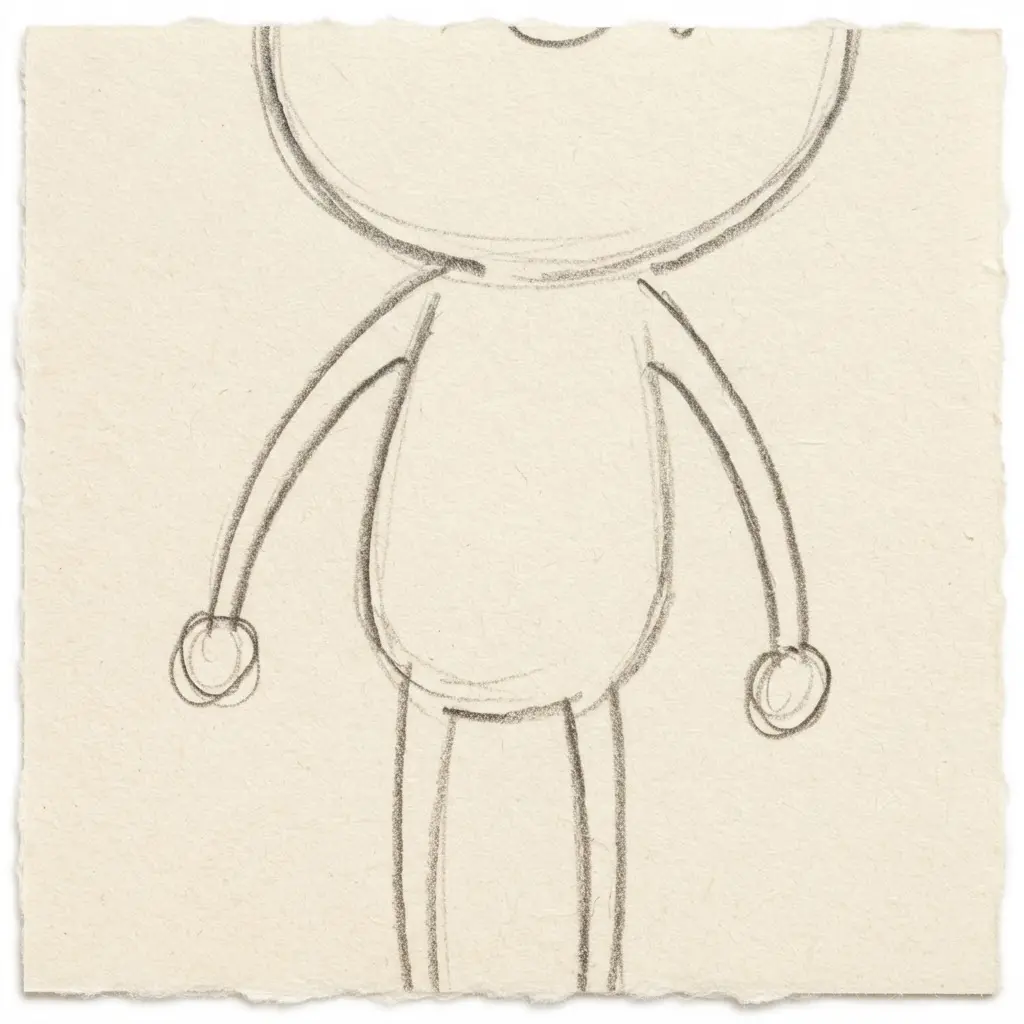 Simple circles used to represent hands in a beginner-friendly cartoon drawing.