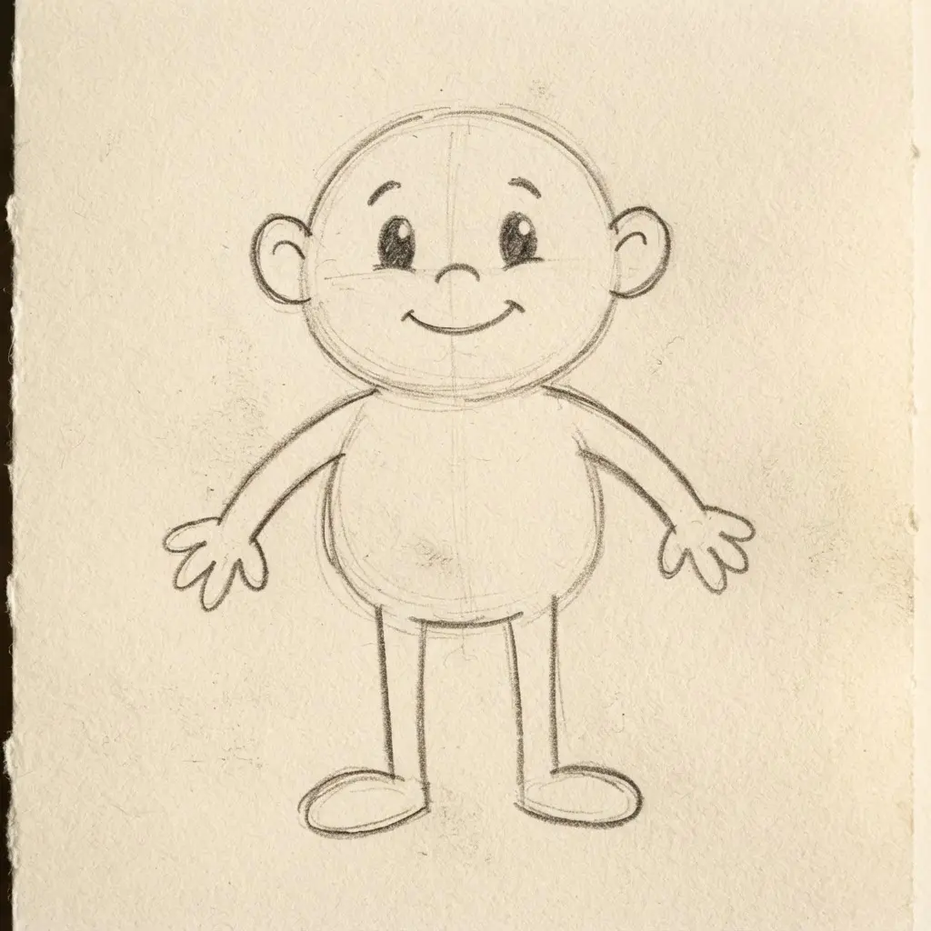Basic leg lines and oval feet shapes completing the cartoon character's pose.