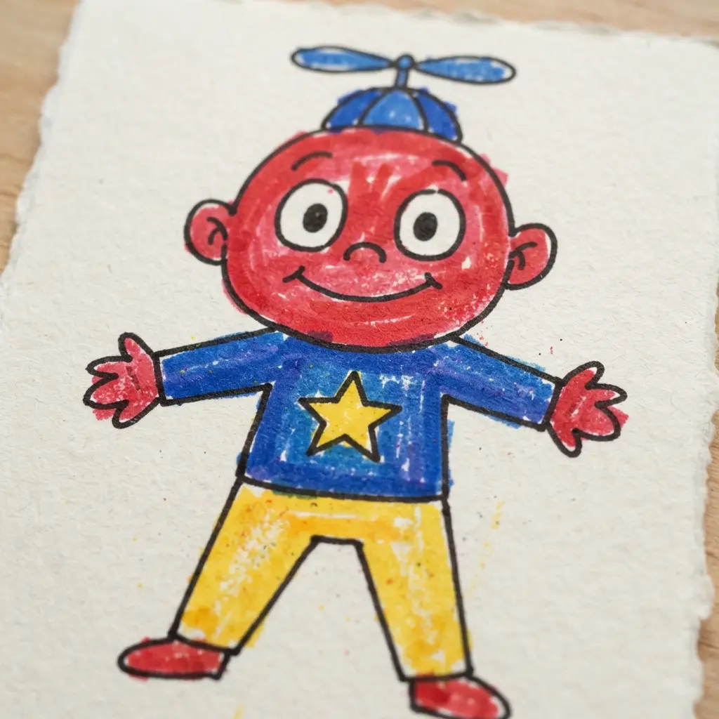 A vibrant, colorful cartoon character brought to life with bold marker colors.