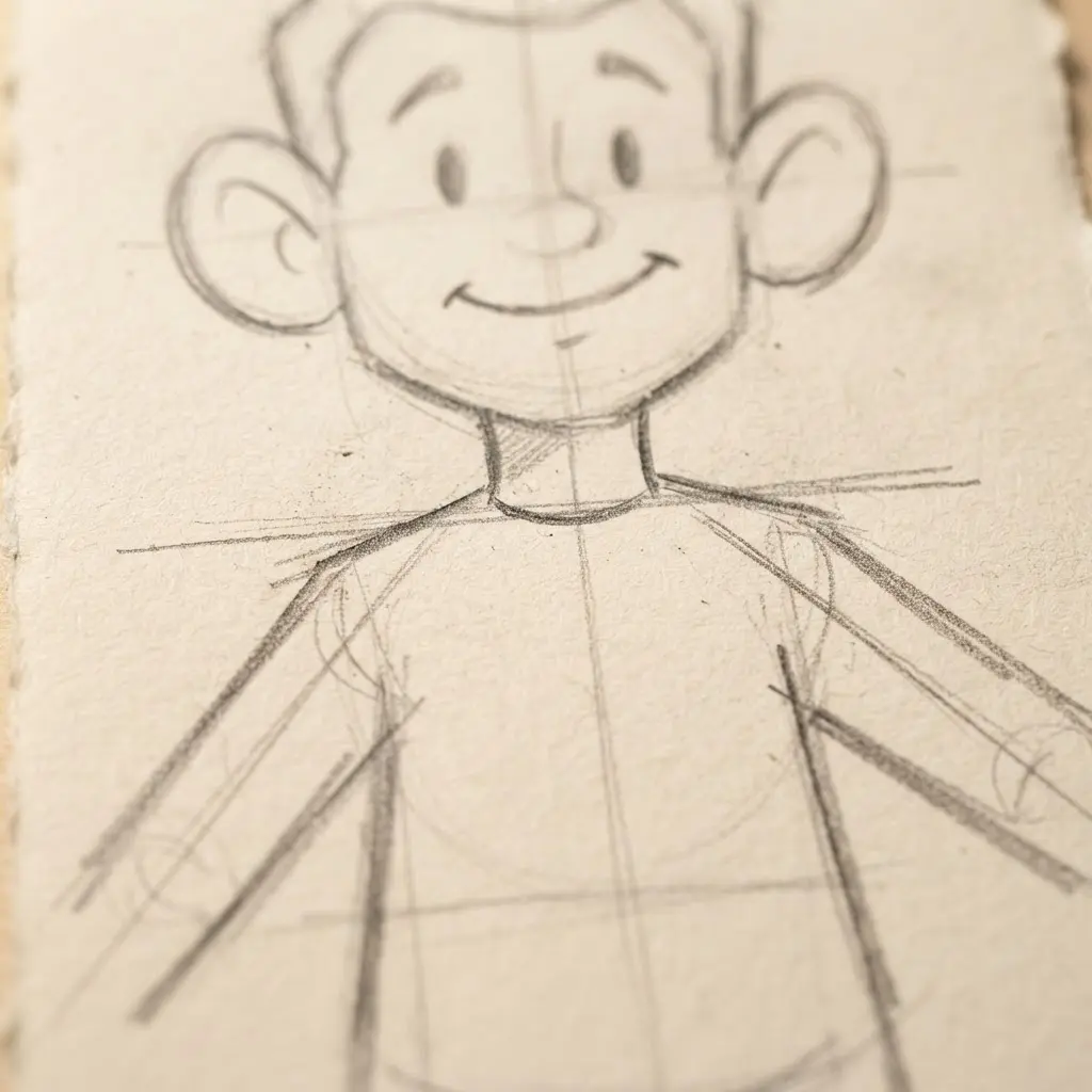 Basic guide lines for positioning the arms on the easy-to-draw cartoon character.