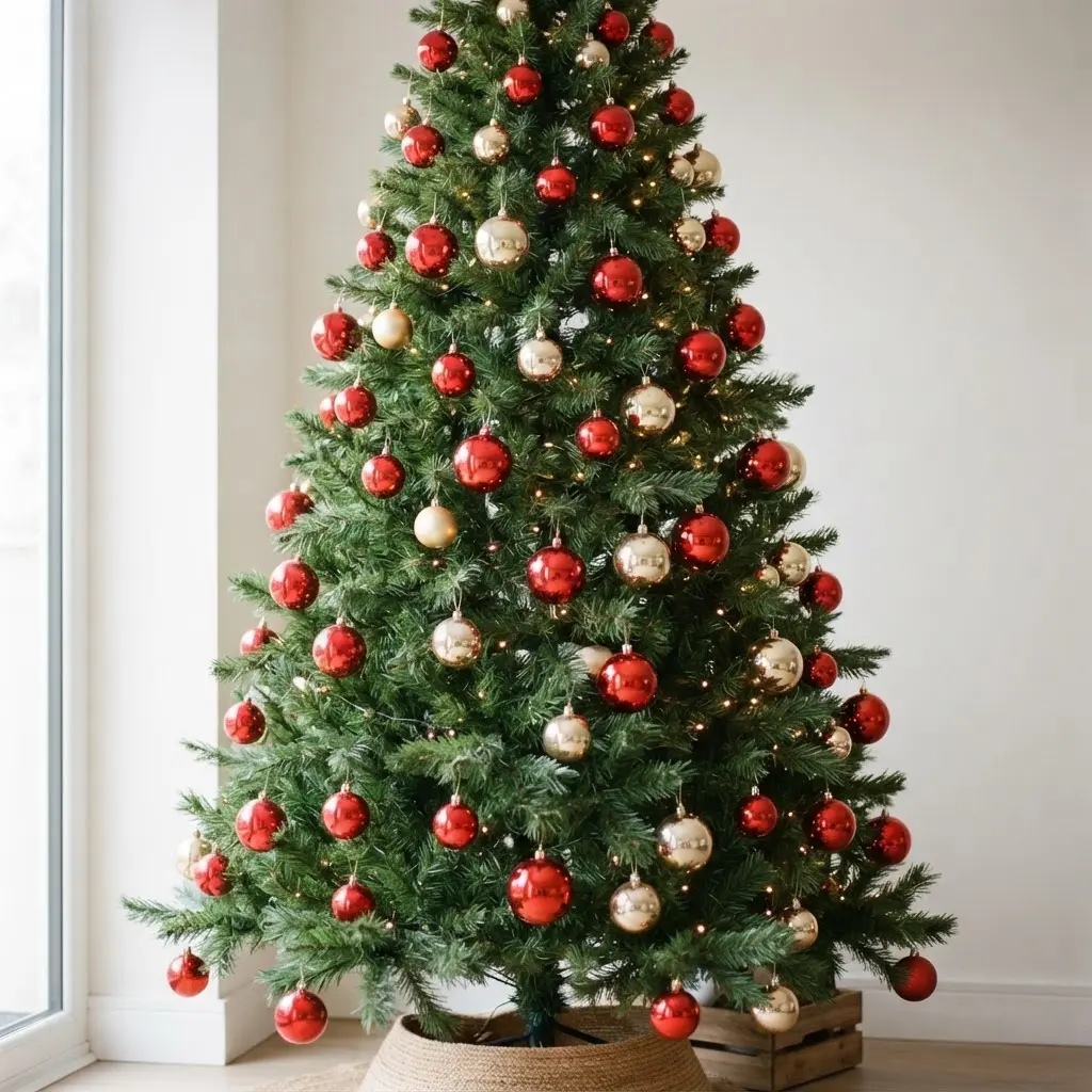 A green Christmas tree densely covered with shiny red and gold spherical ornaments against a warm background.