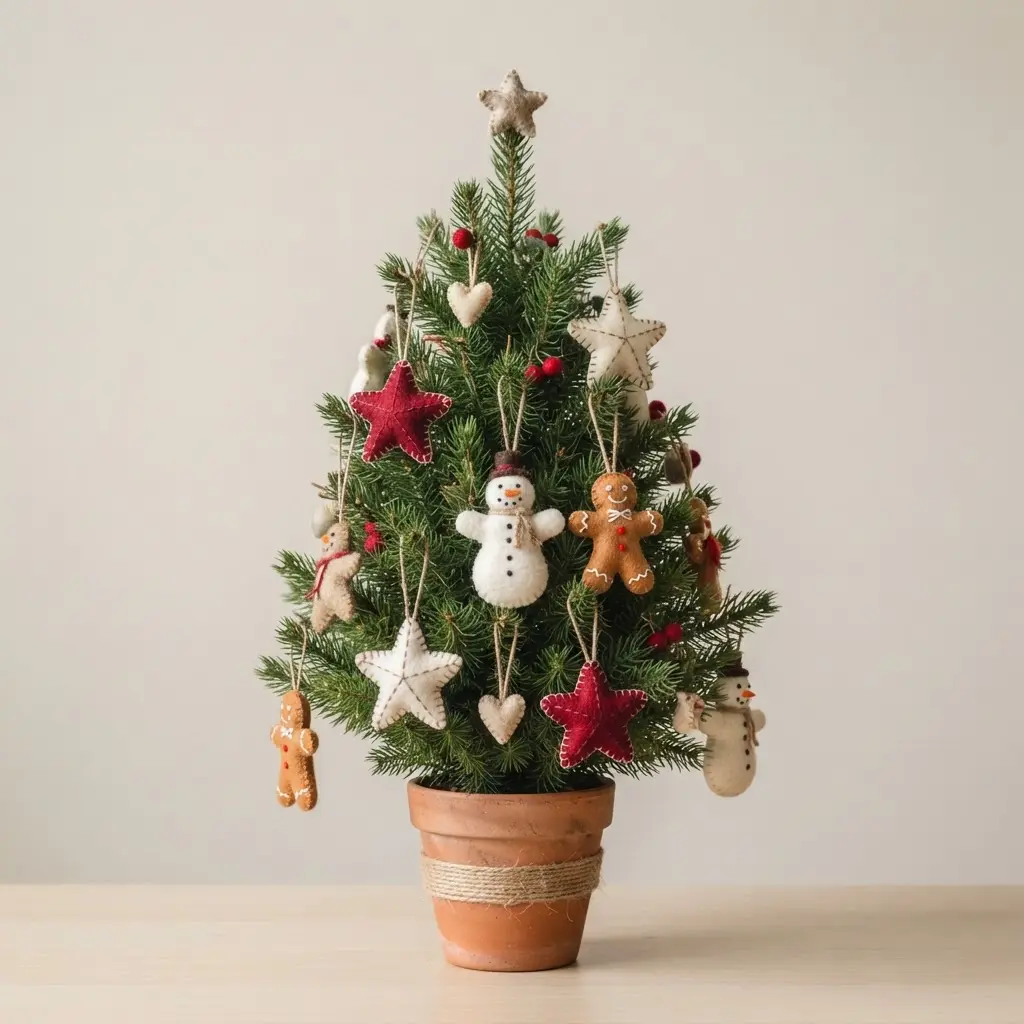 A small tabletop tree brightly decorated with handmade felt ornaments shaped like snowmen, gingerbread men, and stars.