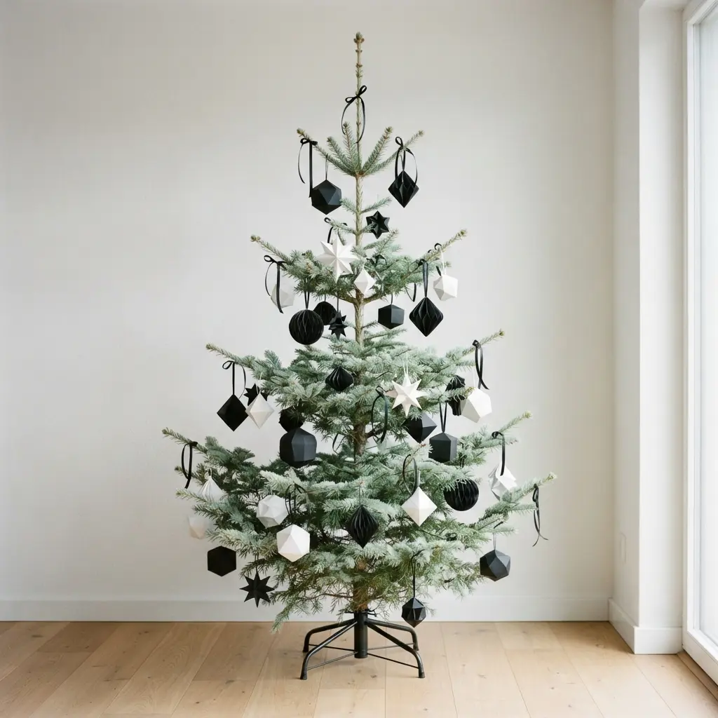 A slender, minimal tree decorated solely with black and white geometric paper ornaments and thin black ribbon.