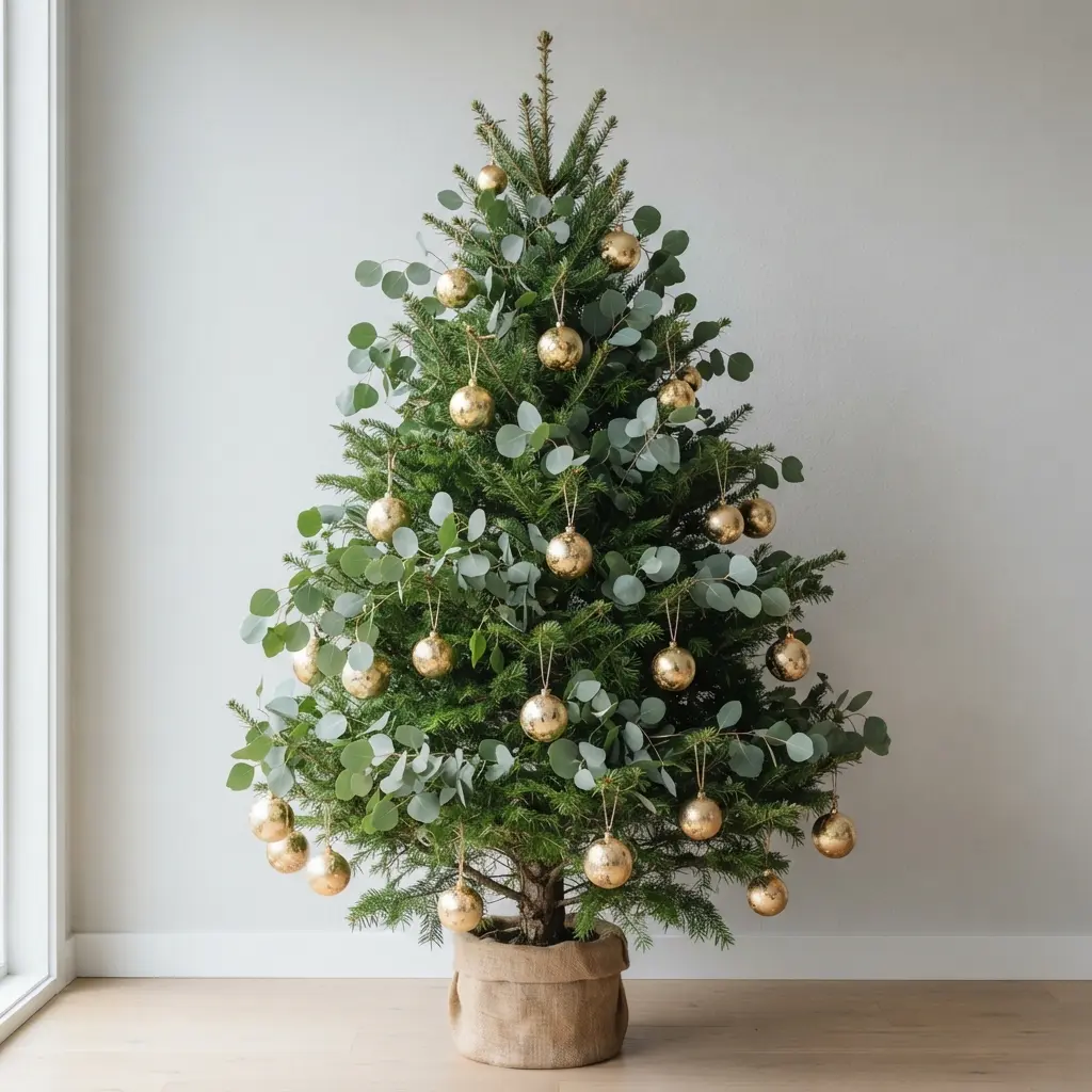 A green tree adorned with sprigs of silver dollar eucalyptus and simple gold leaf-dipped ornaments.
