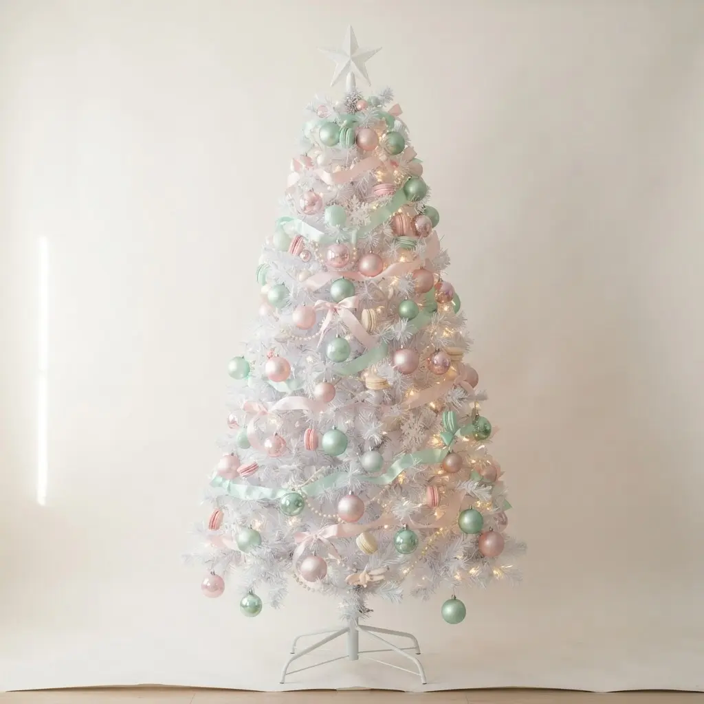 A white tree decorated with pastel pink and mint green baubles, ribbon, and faux macaron ornaments.