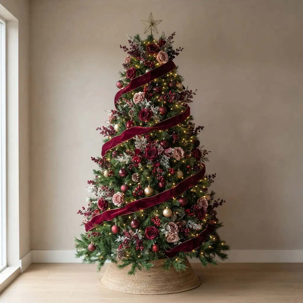 A full green tree wrapped with deep burgundy velvet ribbon and accented with faux berry and rose floral picks.