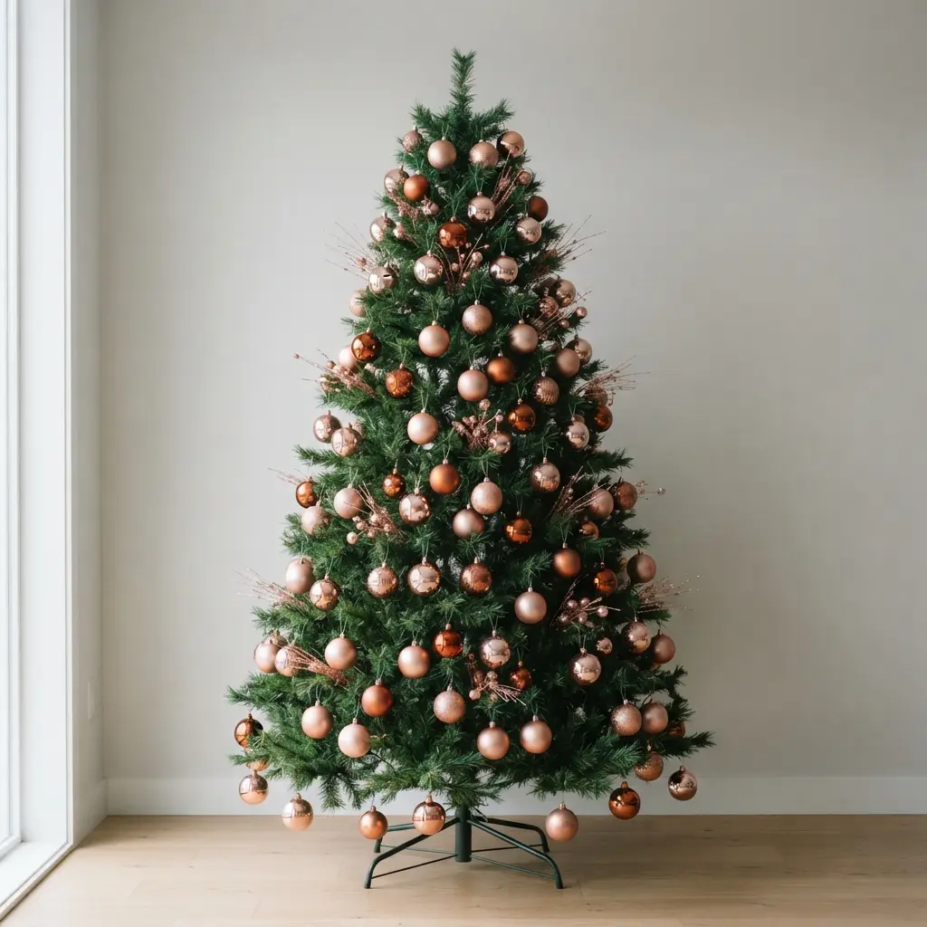 A modern tree decorated entirely in varying shades of metallic rose gold and copper ornaments.