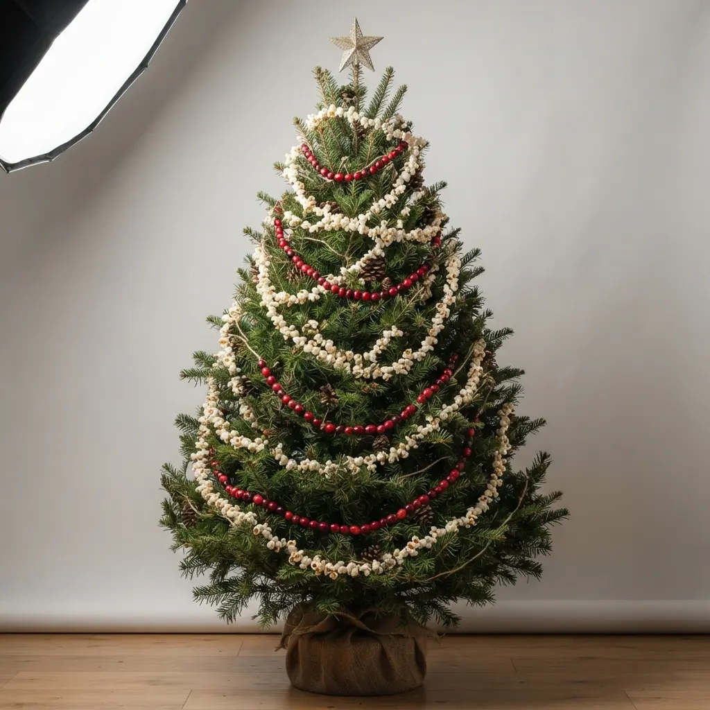 A classic green tree draped with long, homemade garlands of white popcorn and red cranberries.