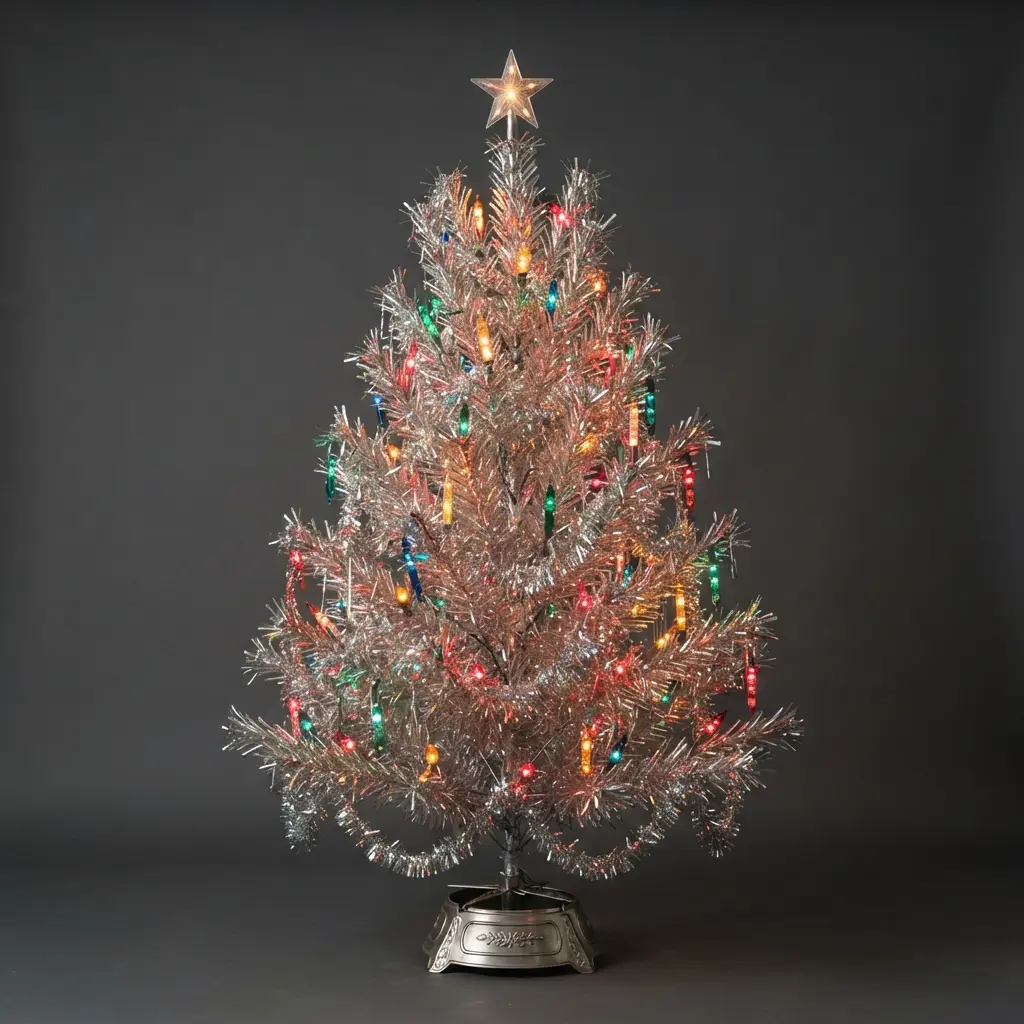 A silver aluminum Christmas tree lit with multicolored vintage bubble light tubes and strands of silver tinsel.