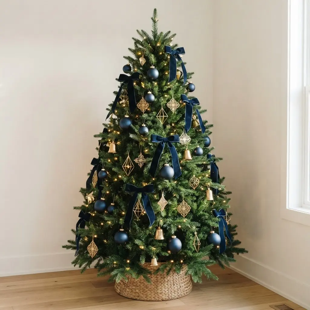 A Christmas tree decorated with navy blue velvet ribbon, matte navy blue balls, and brass accent ornaments.