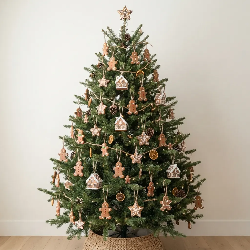 A cozy green tree hung with many miniature brown and white faux gingerbread man and house ornaments.