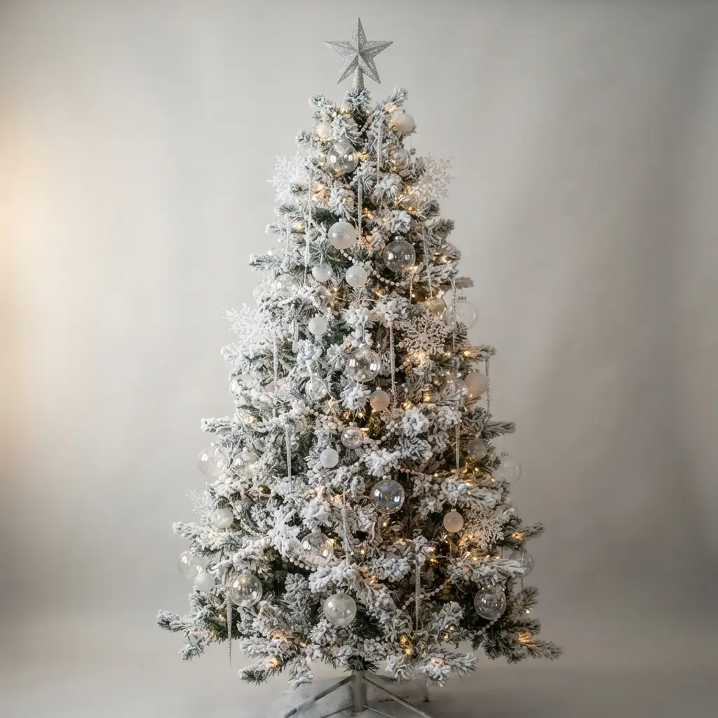 A white, snow-dusted Christmas tree adorned with silver icicles, clear glass balls, and white glittering picks.