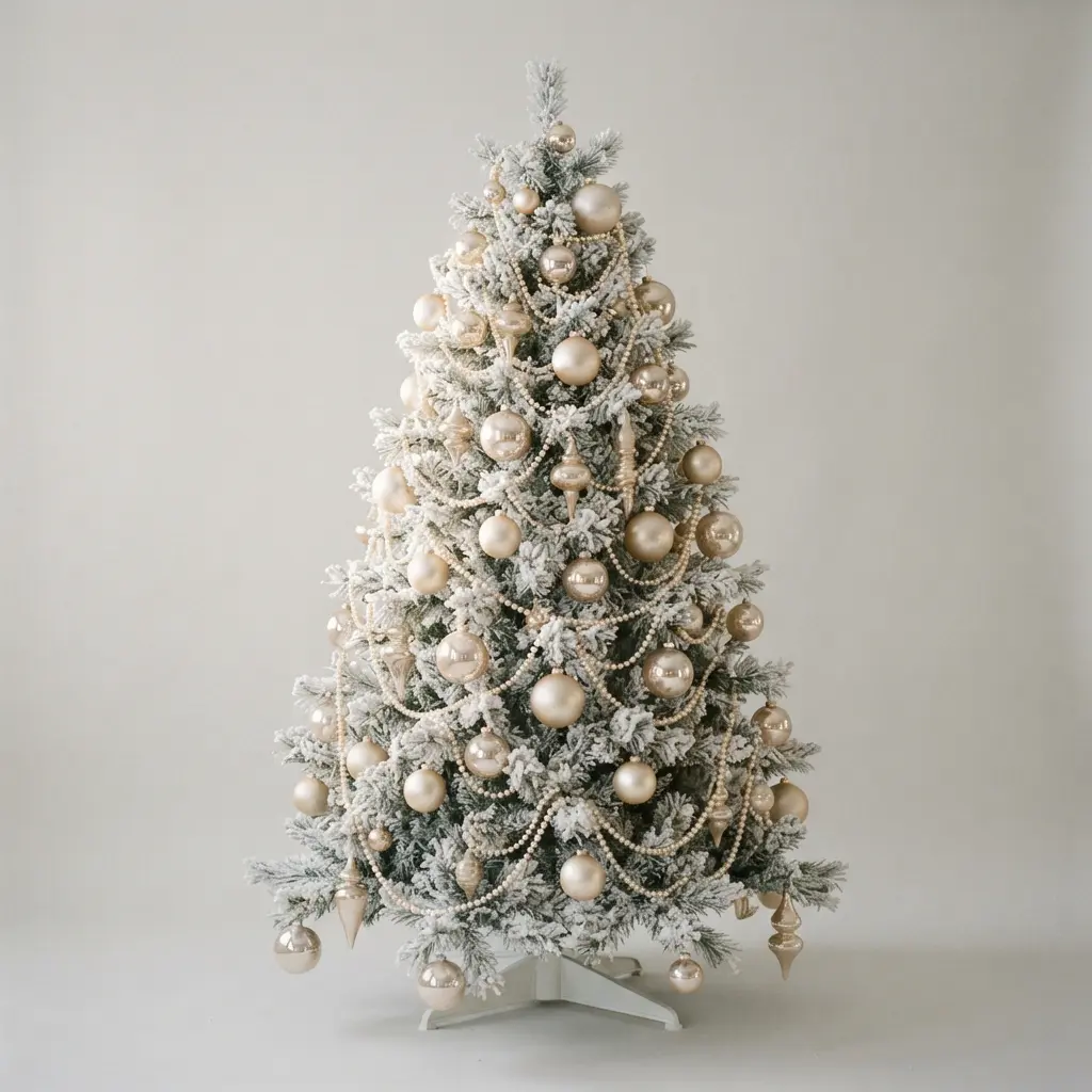 A white tree decorated with champagne-colored glass ornaments and strands of faux pearls woven through the branches.