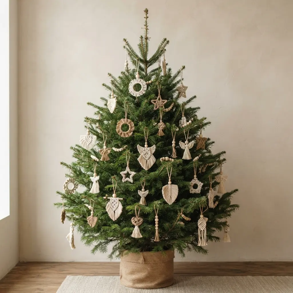 A tree decorated with small macrame ornaments, wooden beads, and accents of natural jute twine.