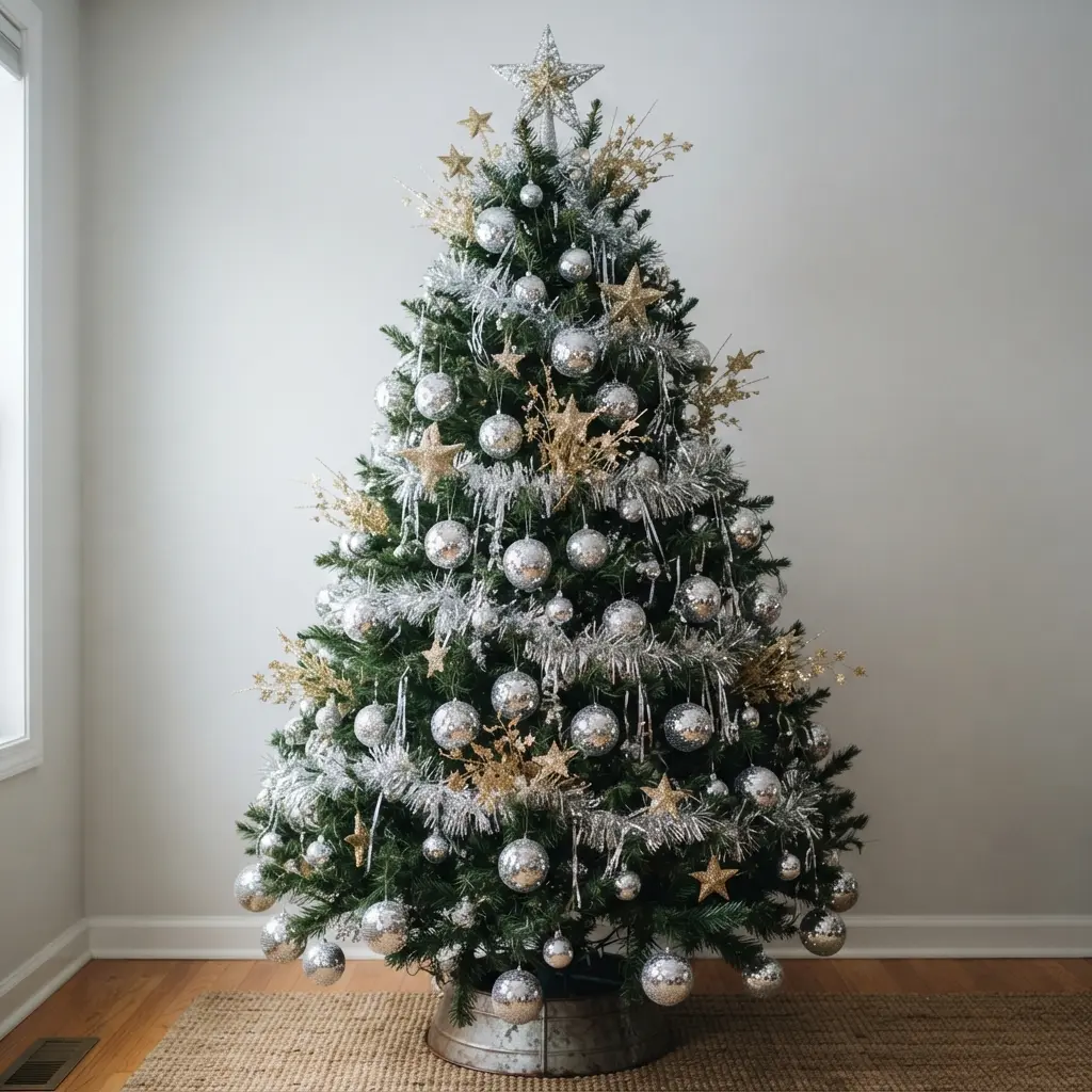 A sparkling tree covered in silver sequined ball ornaments and glittering star-shaped tree toppers.