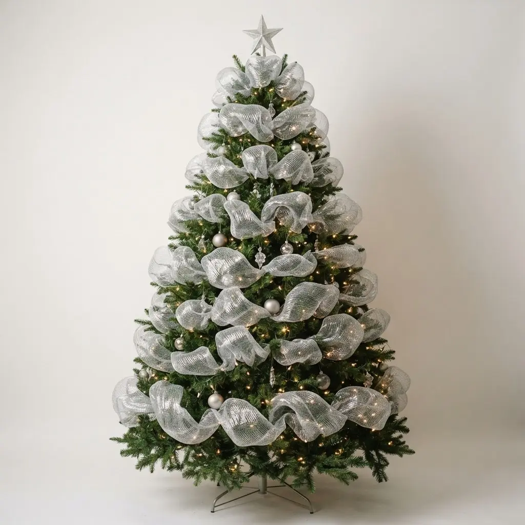 A Christmas tree featuring large, fluffy loops of silver wired mesh ribbon layered throughout its branches.