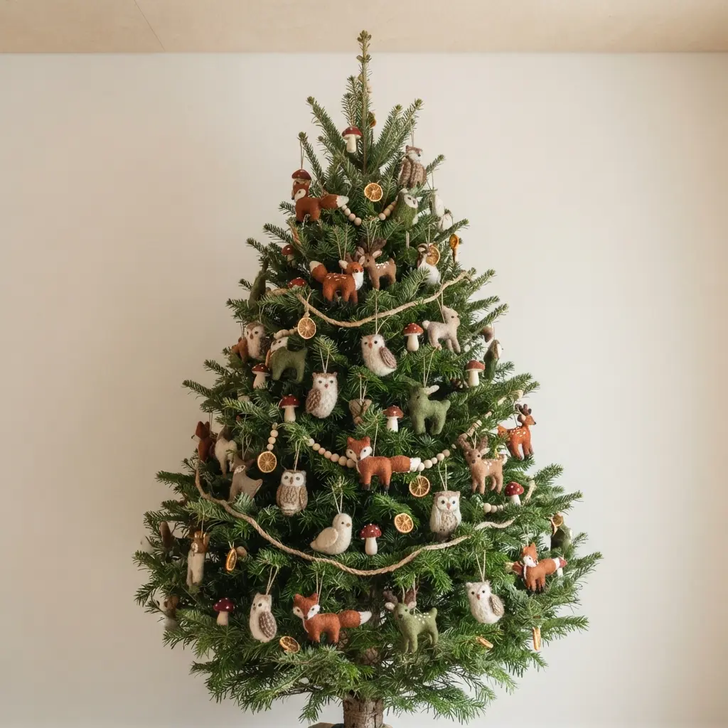 A green tree decorated with felt ornaments shaped like foxes, deer, owls, and little brown mushrooms.
