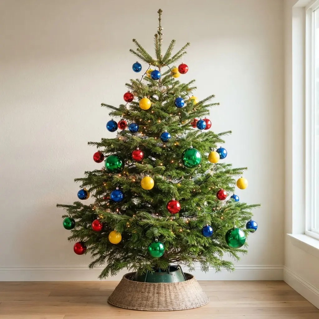A vibrant tree decorated with a mix of bright red, blue, yellow, and green classic glass ball ornaments.