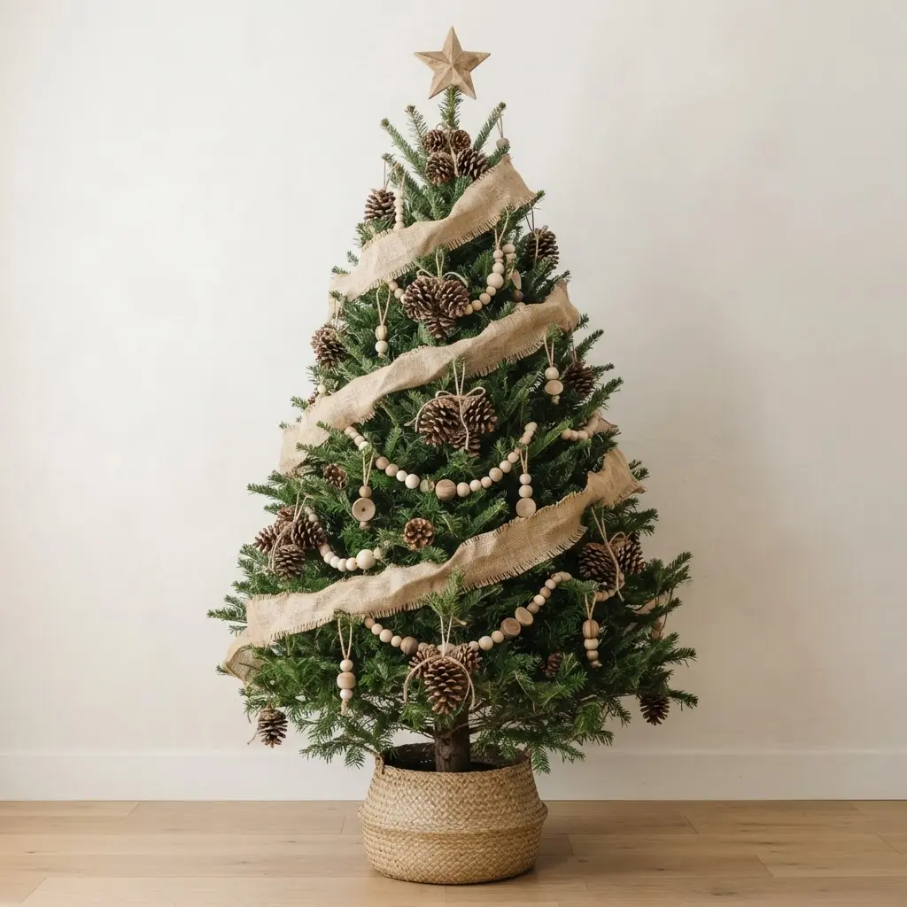 A simple green tree wrapped with a wide burlap ribbon and decorated with clusters of brown pinecones and wooden bead ornaments.