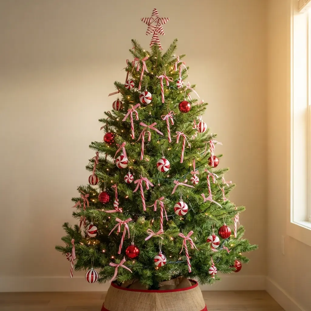 A bright green tree decorated primarily with red and white striped candy cane ornaments and peppermint-themed baubles.